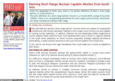 Banning Short Range Missiles in South Asia