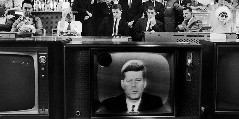 People watching President John F. Kennedy’s TV announcement of the Cuban “quarantine” during the missile crisis, in a department store in 1962.